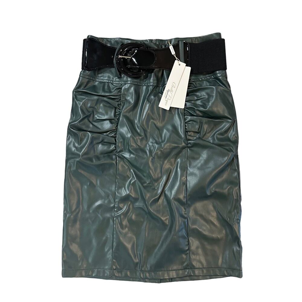 NWT Belle Poque Elegant Retro Green Faux Leather Belted Skirt Size Medium Zip Up